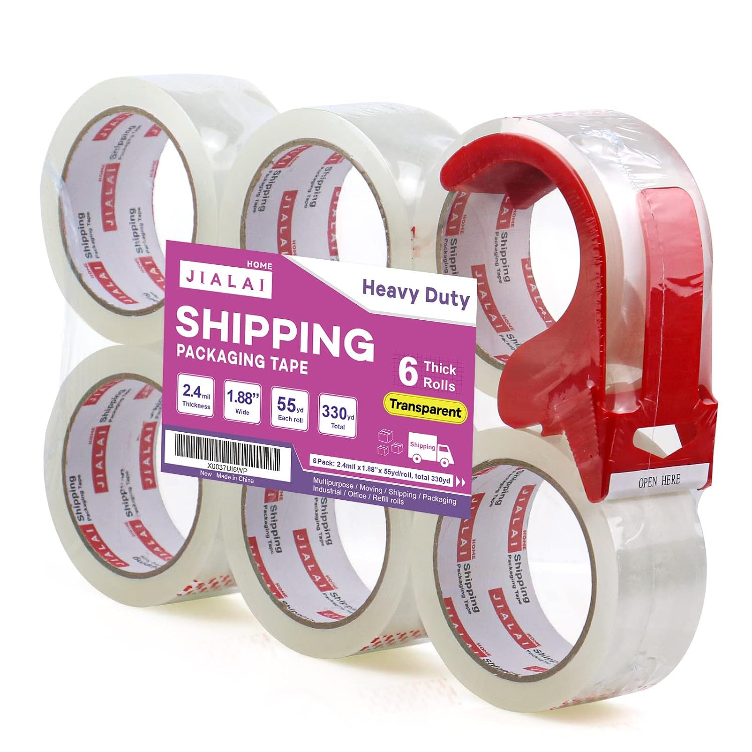 Clear Packaging Tape with Dispenser, Six Rolls