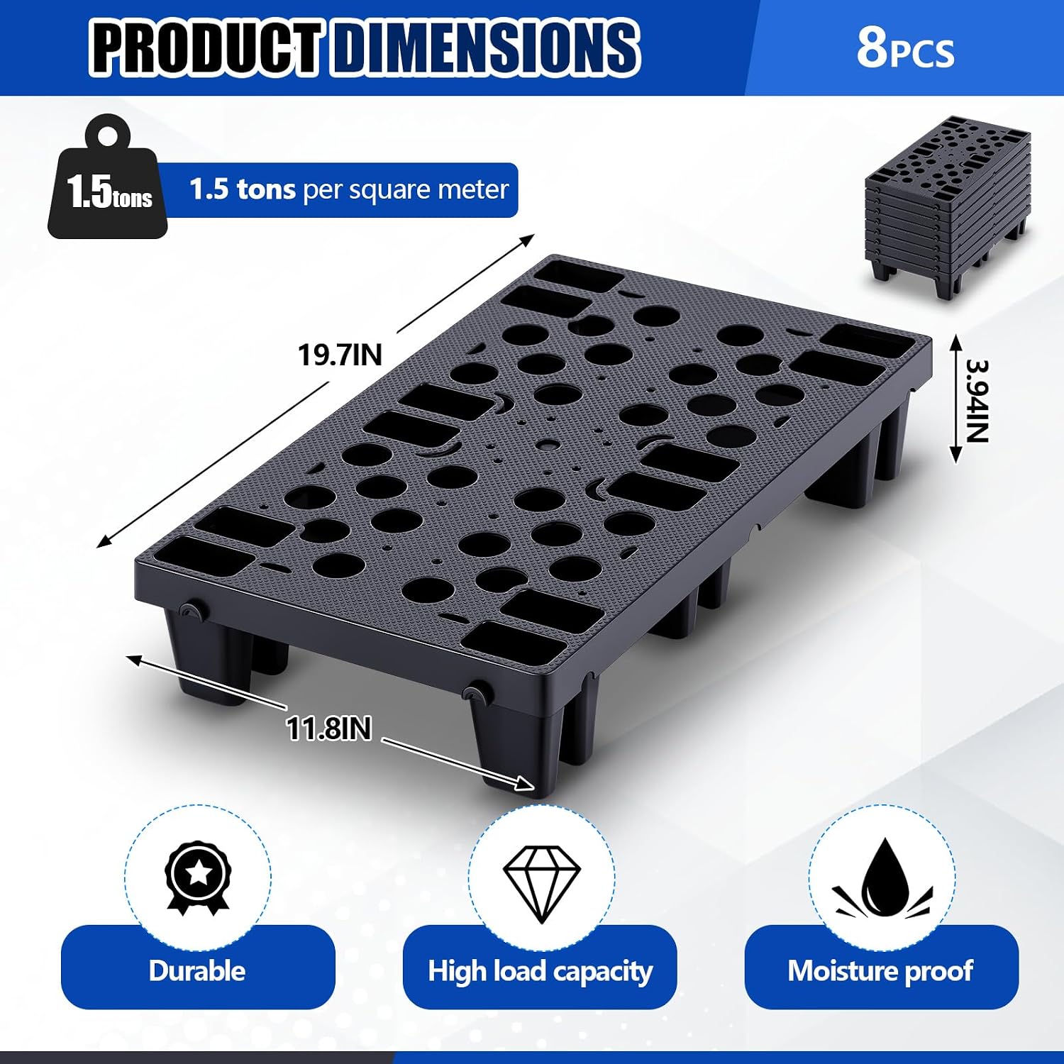 Eight Black Plastic Pallets, 19.6×11.8×3.9 Inch, Nestable — view 2