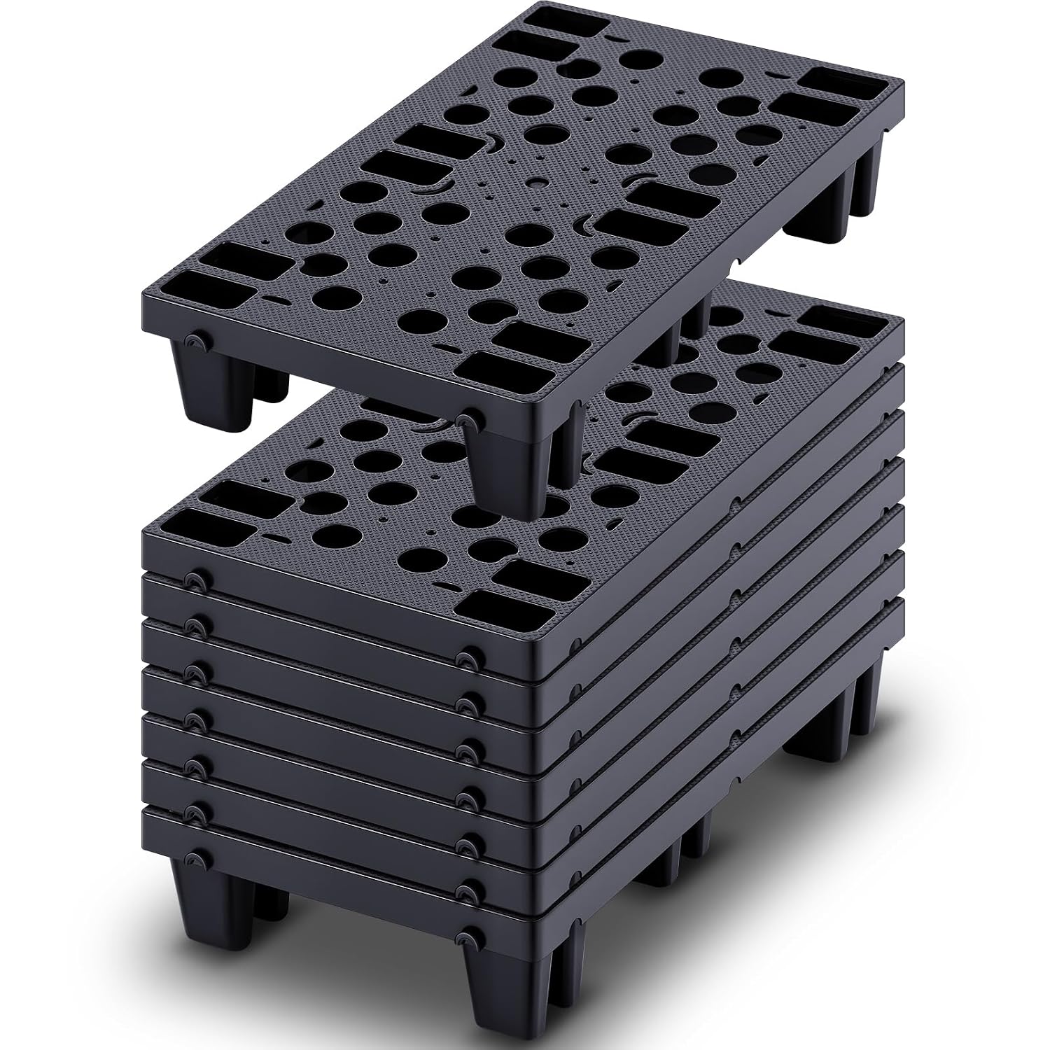 Eight Black Plastic Pallets, 19.6×11.8×3.9 Inch, Nestable