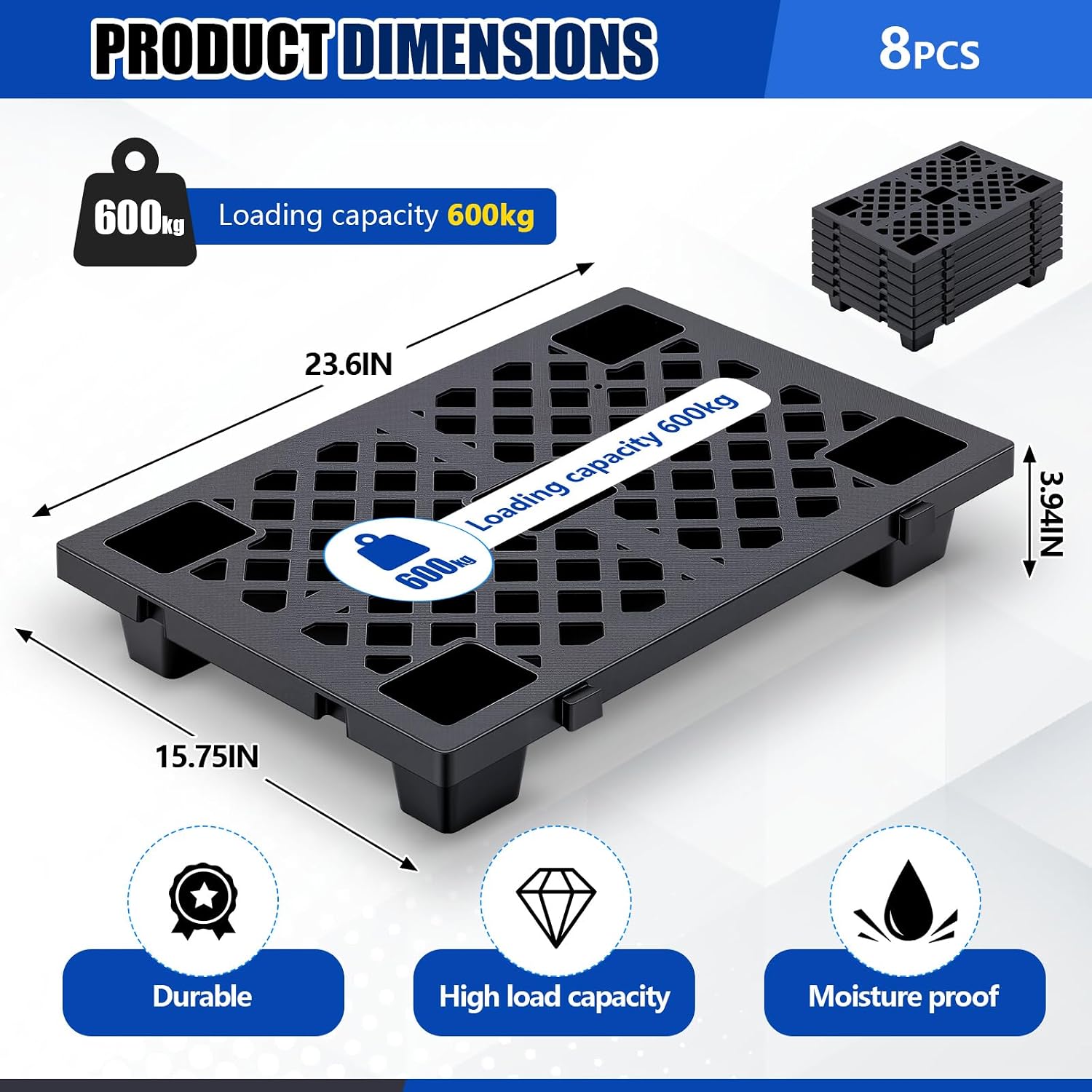 Eight Black Plastic Storage Pallets, 23.6×15.8×3.9 Inch — view 2
