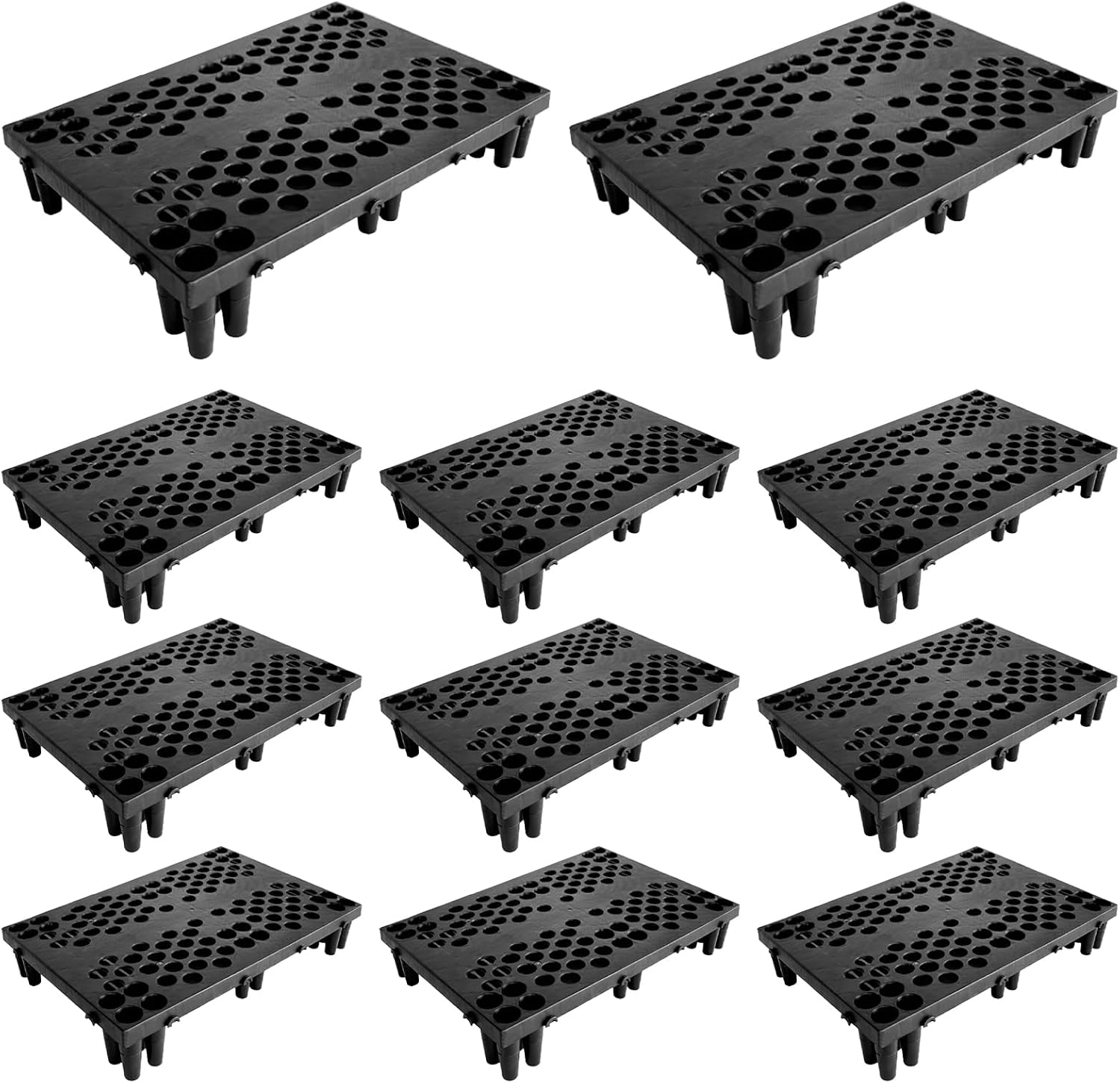 Eleven Black Plastic Pallets, 24x16x4 Inch, Nestable Grid Design