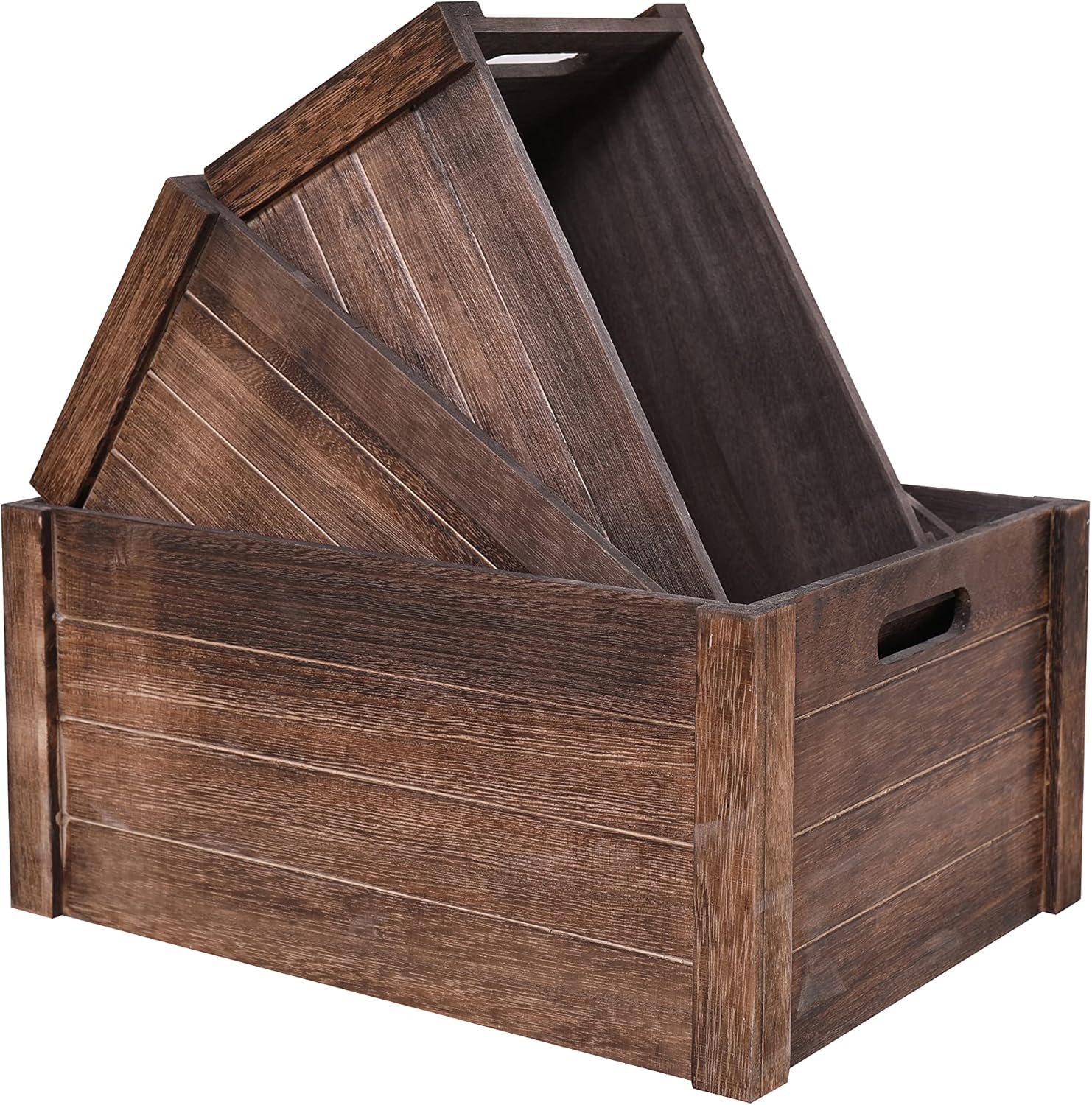 Nesting Wooden Storage Crates, Rustic Black, Set of Three