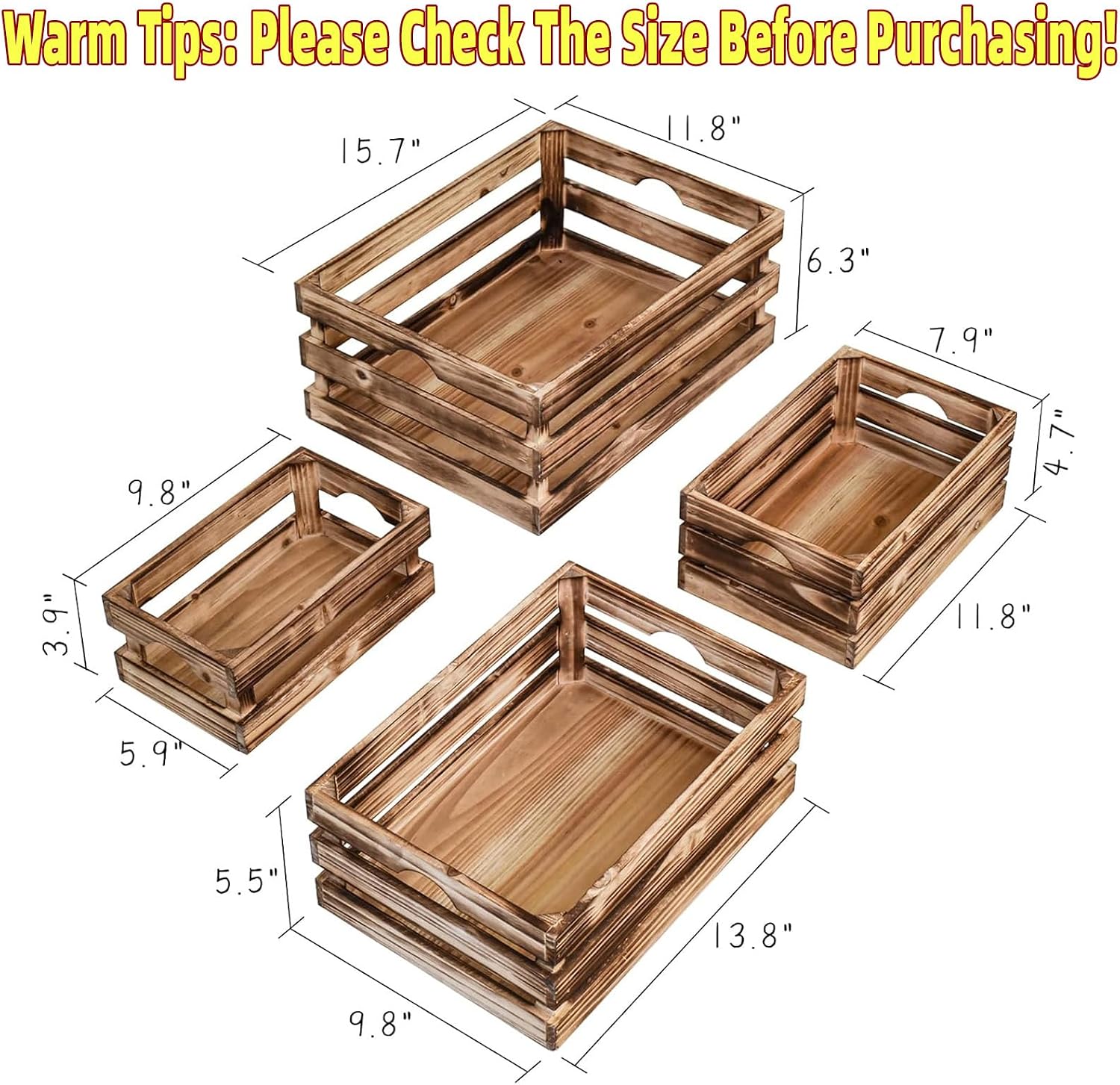 Set of Four Nesting Wooden Crates, Torched Wood Finish — view 3