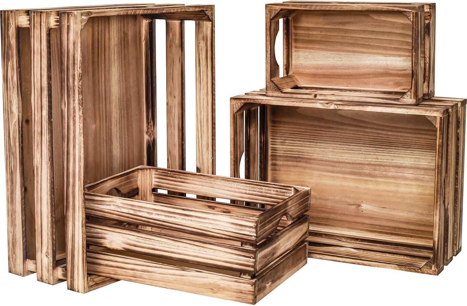 Set of Four Nesting Wooden Crates, Torched Wood Finish