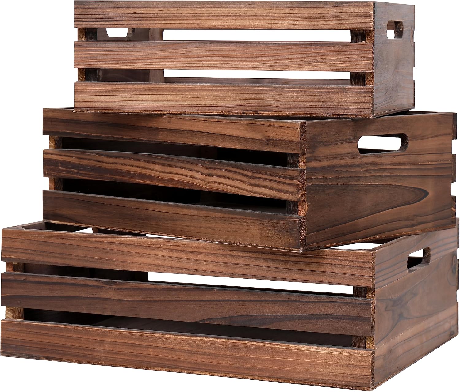 Set of Three Nesting Wooden Crates, Dark Brown Finish