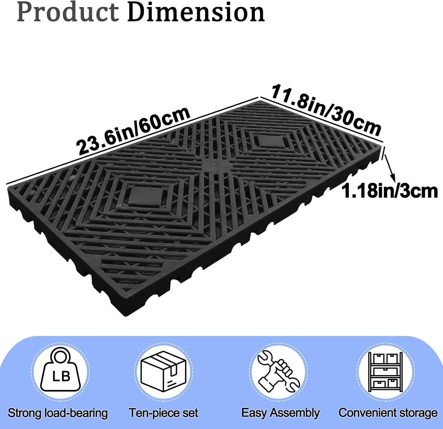 Ten Black Plastic Floor Pallets, 23.6×11.8×1.18 Inch — view 2