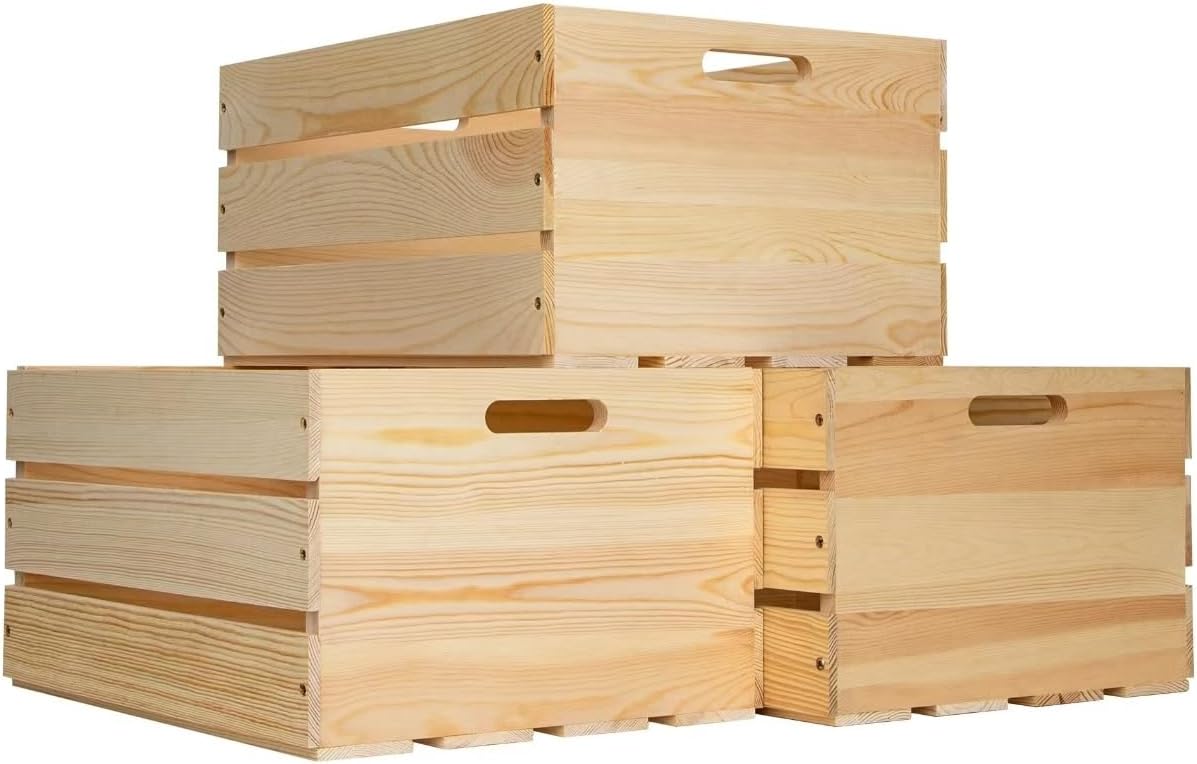 Three Large Unfinished Pine Wood Storage Crates